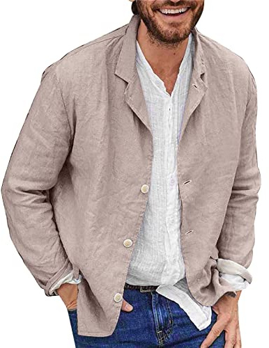 Chaqueta de lino y algodón para hombre, holgada, ligera, con botones, casual, para verano, al aire libre, con solapa, para deportes al aire libre