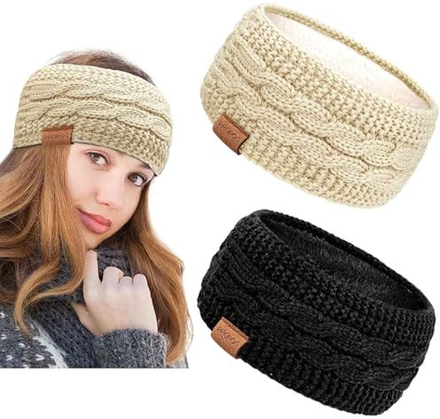 PROPOG Winter Knitted Headbands for Women, 2 Pack Thermal Ear Muffs Fleece Ear Warmers Soft Hairbands Lining Hair Wrap Christmas Hair Accessories Gifts for Running Workout Skiing