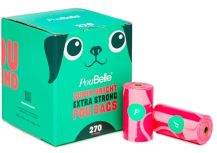 PouBelle Dog Poop Bags - Bright Pink Coloured - Super Reliable - Extra Large Strong - Dog Poo Bag - Leak-Proof - Tear Resistant - Scented Dog Waste Bags - Dispenser Compatible - 18 Rolls Refill - 270