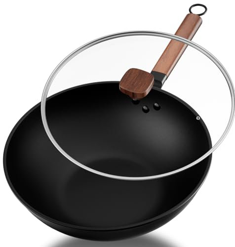 Jobin 13Inch/33cm Wok Non Stick with Lid Carbon Steel Wok and Large Capacity for Cook Asian Dishes for 4-6 People, Ideal for Induction, Gas, All Hobs
