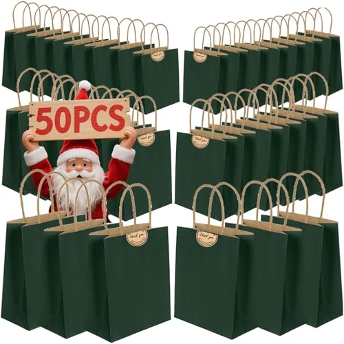 50PCS Kraft Paper Bags With Handles - Mixed Size Gift Bags for Business, Shopping, Retail, Party, Favor, Merchandise,Sacks Restaurant Takeout - 130GMS Thicken Kraft bags (Dark Green)