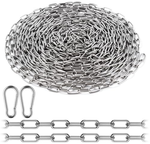 Kedja i rostfritt stål, 10 m metallkedja med 2 karbinhakar stålkedja, kedja i rostfritt stål, 1,5 mm kedja för upphängning för hundkedja, ankarkedja, tvättkedja, svängkedja