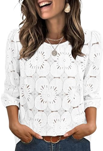 Sampeel Ladies Tops and Blouses White Summer Outfits Vacation Crochet Cute Tops Puff Short Sleeve Shirts 3/4 Sleeve Crew Neck Embroidered White 2XL