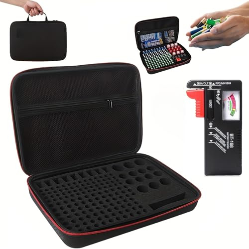 Batterilåda, bärväska, förvaringslåda för batteriarrangör, med 1,5 V 9 V batteritestare, väskhållare för 220 batterier, AA AAA AAAA 9 V C D litium 3 V (utan batterier) (svart)