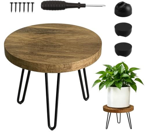 Nimblyne Support de plantes en bois : 25 x 17 cm Tabouret de fleurs avec 3 pieds, 6 vis et 1 tournevis, support de fleurs en bois rond pour la maison, le jardin, la décoration intérieure et extérieure
