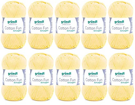 Gründl Wolle Cotton Fun - Wolle zum Häkeln - Strickgarn - Häkelgarn - Pflegeleicht und hautfreundlich - 100 % Baumwolle - 10 Knäuel 50 g / 115 m - Nadelstärke 3 - 4 - Pastellgelb