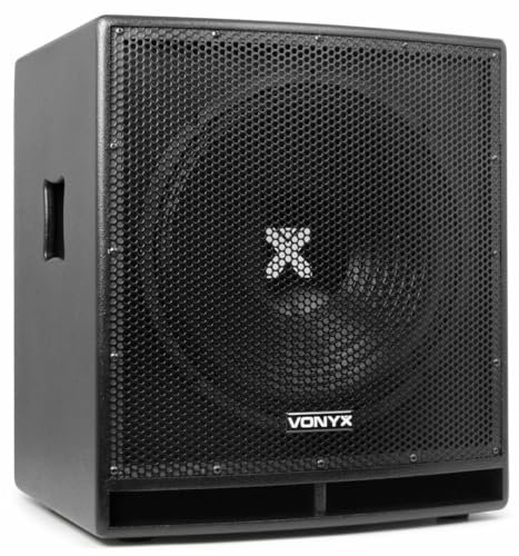 VONYX SWP15 Caisson de Basse Actif 800W, Phase Réglable, Entrée/Sortie XLR + RCA, Amplificateur Intégré, Insert sur la Face Supérieure pour Enceinte Active, Grave 15, Idéal pour DJ Mobile
