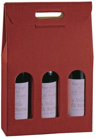 Confezione da 5 scatole per 3 bottiglie di vino verticali modello bordolese, robuste borgognotte in cartone accoppiato e manico esterno 27 x 9 x 38,5 h bordeaux