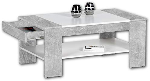 FINLEY Plus Couchtisch in Beton Optik, Weiß - geräumiger Sofatisch mit Schublade & Ablage für Ihren Wohnbereich - 100 x 44 x 58 cm (B/H/T)