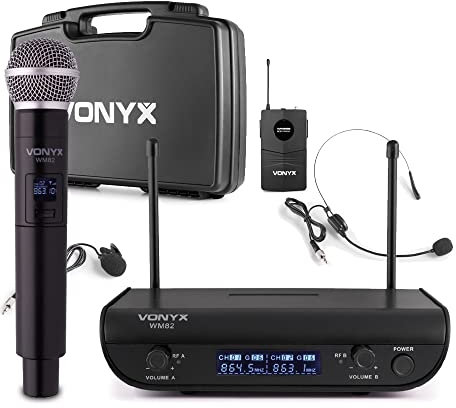 VONYX WM82C 2-Channel UHF Dual Wireless Microphone System, Handheld Mic, Headset and Lapel Mics, Receiver with Blue Display for Karaoke, Speech, Presentation and Performance