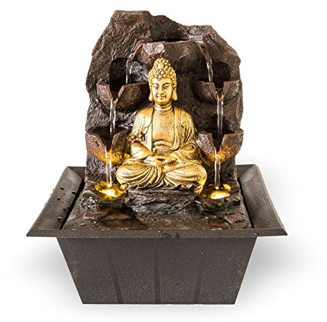 NATIV Fontaine d'intérieur avec figurine de Bouddha double face, éclairage LED et pompe, en polyrésine