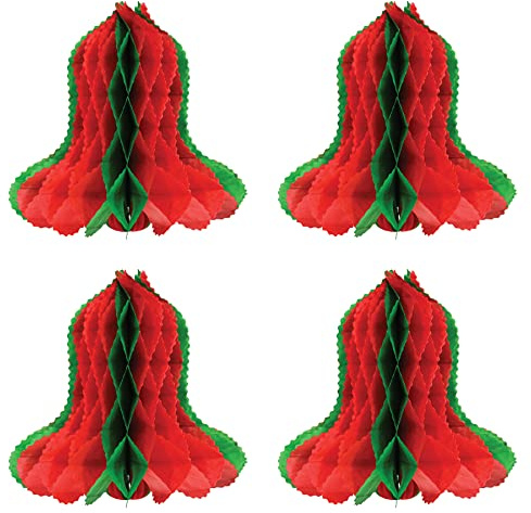Beistle - Campane in carta velina a nido d'ape, 4 pezzi, decorazioni natalizie per feste invernali, 30,5 cm, rosso/verde