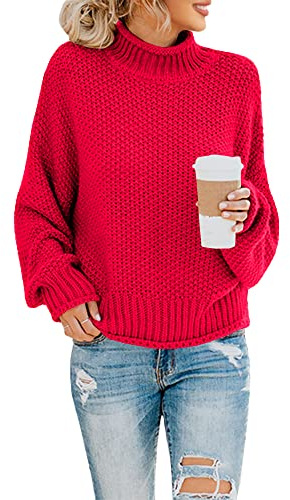 Saodimallsu Polotröja för damer, oversized sweatshirt med långa fladdermusärmar, lös passform och grovstickad, tröja med ledig design, röd, M