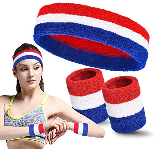 nedit Bandeau Sport + Poignets - Kit Supporter France/Bleu Blanc Rouge/Drapeau France/Couleur Tricolore/Stick Foot France | Allez Les Bleus (Bandeau + Poignets)