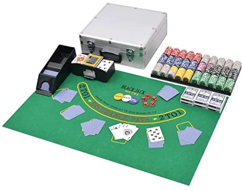Poker Case Poker-Set mit 6000 Chips Fiches, 6 Karten, 5 Würfel, Spielteppich, Tragetasche, Kunststoff und Aluminium, 38 x 36 x 15 cm