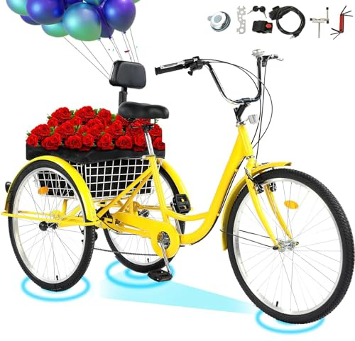 PRIJESSE 24/26 inch Adult Tricycle, 7 Speed 3 Wheel Bike for Men Women, Cruise Trike Bike with Adjustable Seat & Shopping Basket, Multiple Colors