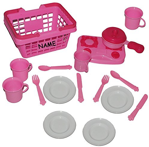 alles-meine.de GmbH 18 TLG. Set Picknick Korb incl. Namen - rosa Kunststoff - Puppengeschirr Geschirr + Tassen + Pfanne/Kochset - Spiel - Küche Zubehör Deko pink - Kinderküche