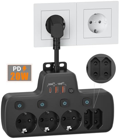 PD20W Presa Multipla Salvaspazio con USB,Ciabatta Multipresa con Interruttori Indipendenti,Ciabatta Elettrica 5 Posti con PD20W e QC18W Ricarica Rapida Adattatore Multipresa 5 Presa Schuko Parete,Nero