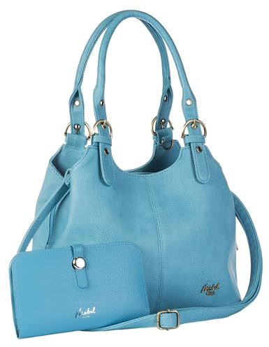 Mabel London Multiple Pockets Handbag with Purse - Medium Size Multi Compartments Bag with a Matching Purse - (Baby Blue)