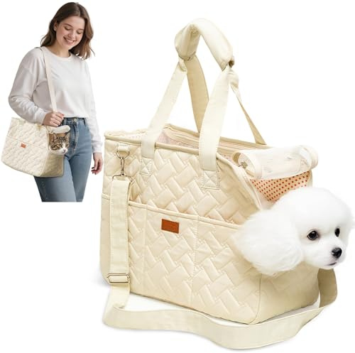 ALLSOPETS Trasportino per Gatti, Borsa Trasportino per Cani Piccoli, Tracolla Pieghevole in Tessuto Traspirante, Borsa Morbida da Viaggio con Tasche per Animali Domestici (Bianco Crema, S)
