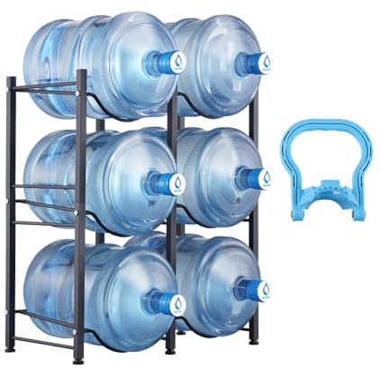 VEVOR Rack à Bonbonnes à 3 Niveaux, Support Bouteille d’Eau de 18,9 L Capacité 6 Pièces, Range Bonbonnes d’Eau Solide à Double Rangée, en Fer, Rangement pour Cuisine, Bureau, Salon, Usine, Noir