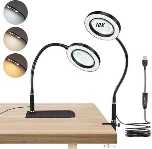 Lente Ingrandimento con Luce e Supporto, 10X 20X Lampada con Lente di Ingrandimento con Morsetto e Base Grande, 72 LED, 3 Colore 10 Luminosità, per Lavori e Riparazioni di Gioielli fai -da -te