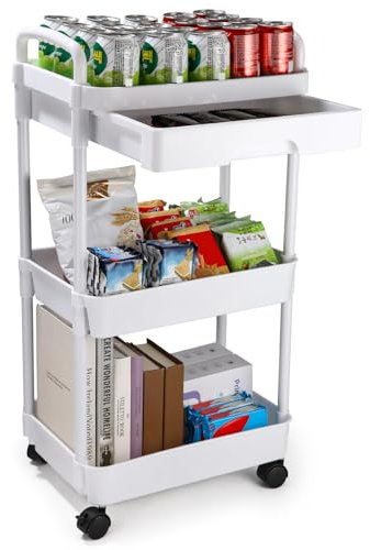 Zaxiva 3 Schicht Regal Rollwagen mit Schubladen, Multifunktionaler Servierwagen mit Rollen, Haken, Feststellbaren Rädern, Leicht zu Montierender Aufbewahrungswagen, Bad, Büro, Weiß Bücherwagen