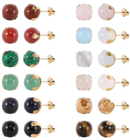 JMFENFA 12 Pairs Multi Natural Gemstone Round Bead Ball Stud Earrings Stainless Steel Tiger Eye Rose Quartz Onyx Opal Stone Stud Earrings Set for Women
