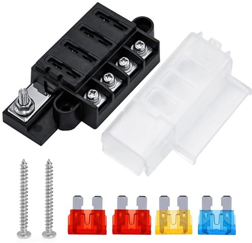 4-Wege-Flachsicherungsblock 12V Sicherungshalter Sicherungsträger mit 4pcs Standard Flachsicherungen (5A 10A 10A 15A) für Automobile, PKW, LKW, Boot, Marine, Wohnmobil