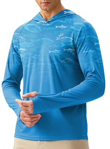 Pudolla Men's Sun Protection Hoodie Shirts UPF 50+ Rash Guard SPF Long Sleeve Fishing Shirt for Men Swim Hiking Boating(Blue Fish Large)