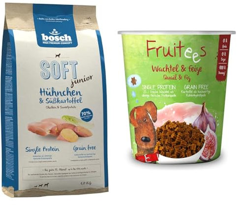 Bosch HPC Soft Junior Hühnchen & Süßkartoffel | halbfeuchtes Hundefutter Single Protein 1 x 2.5 kg + Bosch Finest Snack Concept Fruitees Frische Wachtel und Feige 4 X 200g| ohne Getreide