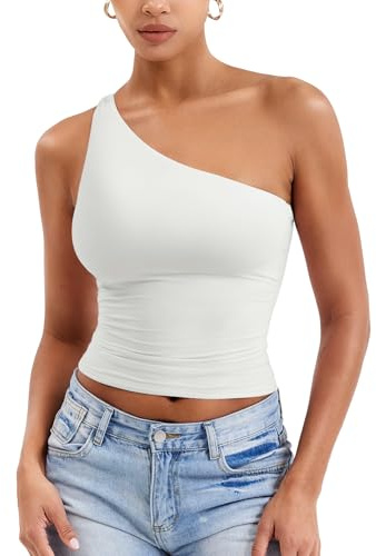 YEOREO Womens One Shoulder Tops Sleeveless Going Out Tank Top Fanciy Double Lined Cropped Tee Y2K Summer Shirts Slim Fit White M