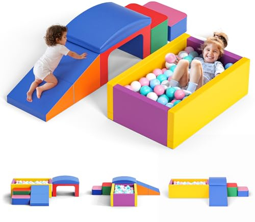 Kids Soft Play Building Blocks, Foam with Slides, Training Toddlers' Sensory and Motor Skills,Toddlers Large Foam Blocks Equipment 1-3 Years for Climbing (Rainbow color Swimming pool-6)