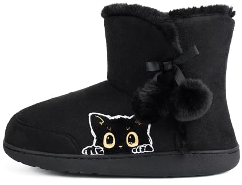 GURGER Zapatillas de Estar por Casa Mujer Altas Invierno Cálidas de Peluche Botines de Casa Pantuflas tipo Bota con Bordado de Dibujo Animado de Animales Gato, Negro 36 37