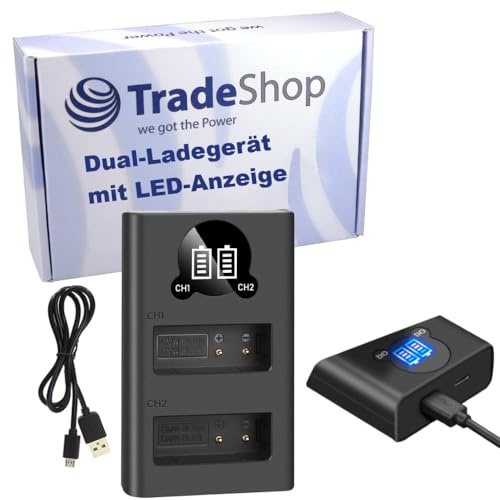 Trade-Shop USB-C batteri dubbel snabbladdare för 2 batterier med LCD kompatibel med Panasonic Lumix DC-TX2 DC-TZ200 DC-TZ202 DC-TZ90 DC-TZ91 DC-TZ95