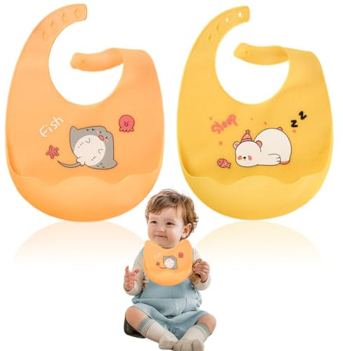 DOKRIN Baberos para alimentación de bebés 2 baberos de silicona impermeables, baberos de destete con bolsillos ajustables para recoger la comida, aptos para bebés y recién nacidos.