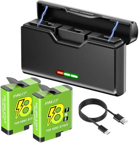 Palogreen 2 stycken Batterier för Go-Pro Hero 8/7/6/5 Black laddare för Hero 12/11/10/9/8/7/6/5 batteriladdare med batteritillbehör, teknikladdning, låg temperatur lämplig