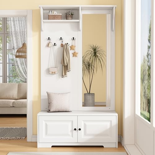 Terahanda 100 x 40 x 180 cm appendiabiti con specchio, 5 ganci per vestiti, 2 armadi e scaffali, appendiabiti con scarpiera, corridoio, guardaroba compatto, bianco