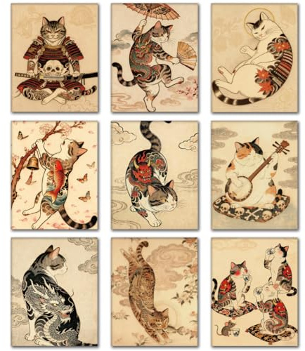 DOODLREAM 9 stampe artistiche da parete in tela, senza cornice, impermeabile, motivo: gatto samurai giapponese, divertente, stile Ukiyo-e, 20 x 25 cm, poster da parete per casa, ufficio, grotta
