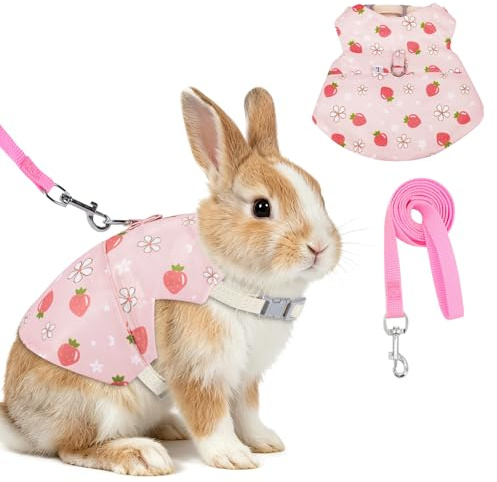 Yanmucy Kaninsele och koppelset Justerbar flyktsäker kaninsel för kaniner Dubbel spänne Kanintillbehör för små djur Husdjursträning (Rosa jordgubbe, L - Bröst(30-42cm))
