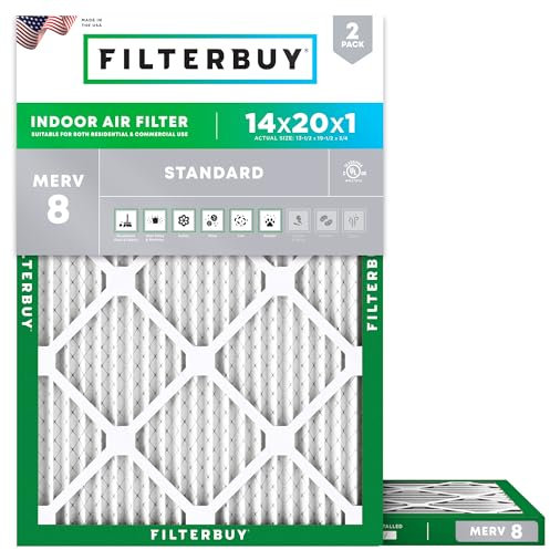 Filterbuy 14x20x1 Air Filter MERV 8 (MPR 700) Dust Defense Replacement (2-Pack), Electrostatic Pleated HVAC AC Furnace Filters, Made in USA (Actual Size: 13.50 x 19.50 x 0.75)