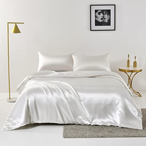 Chanyuan 2 TLG.Weiß Seide Satin Bettwäsche Set | Bettdeckenbezug 155x220 cm mit Kopfkissenbezug 80x80 cm | Anthrazit | 2 teilig Bettgarnitur | Baumwolle Bettbezug mit Reißverschluss
