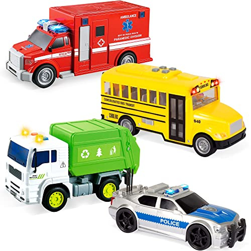 JOYIN 4 Pcs 7 Long Vehicle Toy Set, Toddlers Cars with Lights and Siren Sound, Including Play Police Car, School Bus, Garbage Truck, Ambulance, Birthday Party Gifts Toys for Boys 3-5