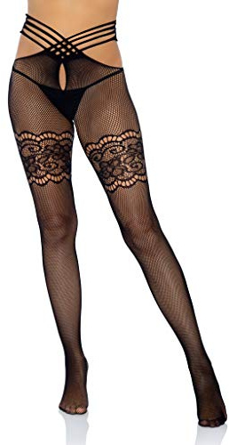 Leg Avenue Womens Strappy Wrap Around Fishnet Crotchless Tights, Black Strappy, O/S