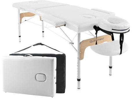 QUIRUMED Camilla de Masaje Plegable de Aluminio Easy, Color Blanco, 180 x 60 cm, Polipiel, Portátil, Ligera Cabezal extraíble, Orificio Facial, Altura Regulable, hasta 120 kg