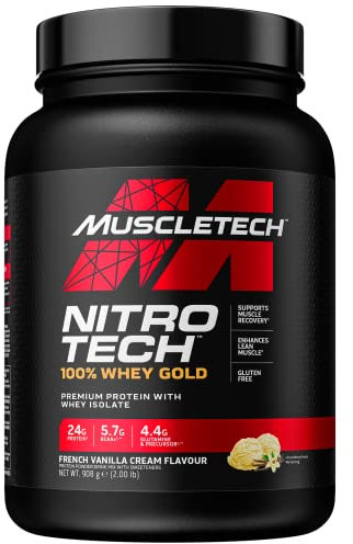 MuscleTech NitroTech 100% Whey Gold Protein Pulver, Whey Isolate Proteinpulver & Peptides, Proteinpulver für Männer und Frauen, 5.5g BCAA, 28 Portionen, 908g, Vanille