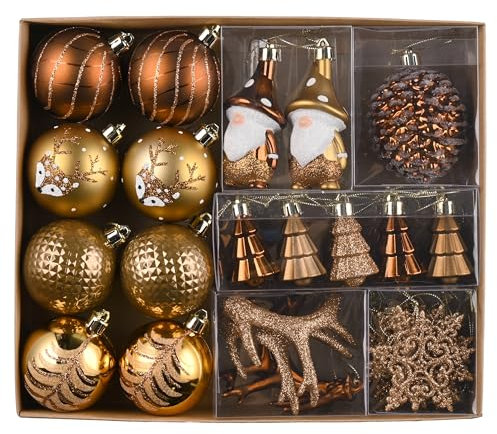 Valery Madelyn Weihnachtskugeln Set, 40pcs Christbaumkugeln Kunststoff Weihnachtskugel Bronze Weihnachtsdeko mit Geschenkpaket Aufhänger Weihnachtsbaumschmuck Waldland Thema（Bronze）