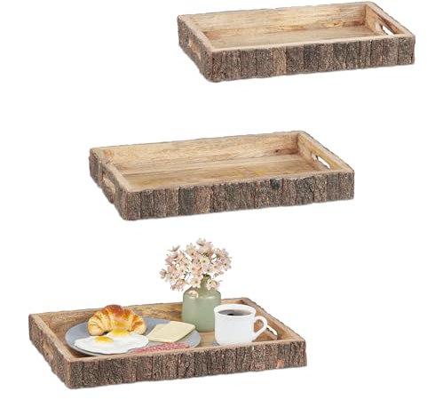 Relaxdays Vassoio da Portata, Tavola in Legno con Manici, Set 3 Piatti Centrotavola in V. Misure, Svuotatasche, Marrone, 5 x 46,5 x 31,5 cm