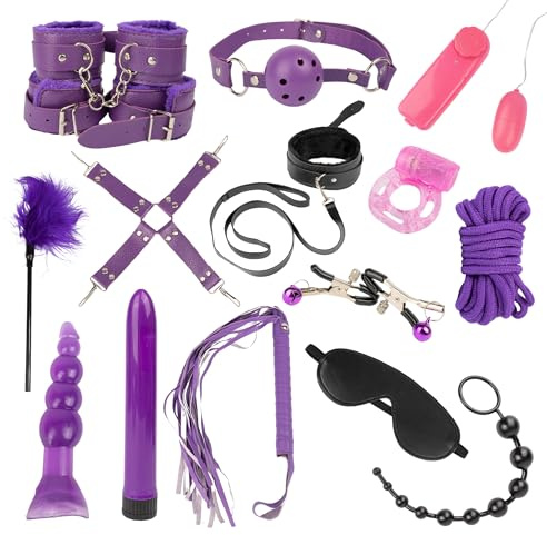 Indulge 18 Piece BDSM Kit,Sex toyscouples for Couples,But plug,Anal Toys,Vibrator, Dildo,Wrist & Leg Handcuffs, Neck Collar & Lead,Nipple Clamps,Whip,Cock ring,Blindfold,Bondage Rope,Adult Toy, Purple