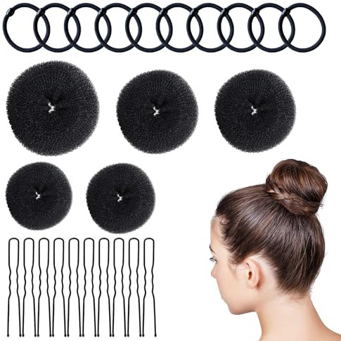Set per Realizzare Chignon, 5 pezzi Chignon a Ciambella, 18 Forcine Forma di U, 10 corde elastiche per capelli, Chignon a Ciambella per Bambine e Donne